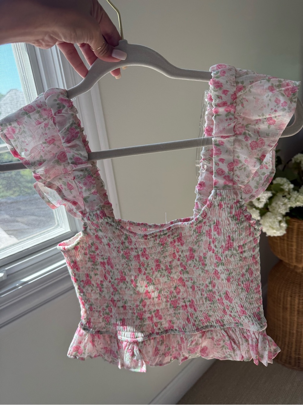 Pink Floral Smocked Ruffle Top